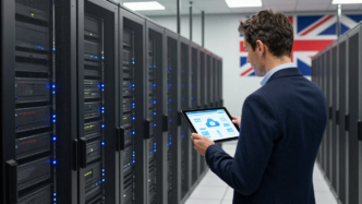 Server racks in a UK government data centre with an official reviewing cloud infrastructure.