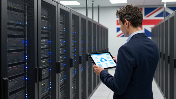 Server racks in a UK government data centre with an official reviewing cloud infrastructure.