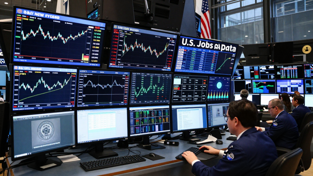 Trading-floor screens show U.S. stock futures edging higher after weak jobs data.