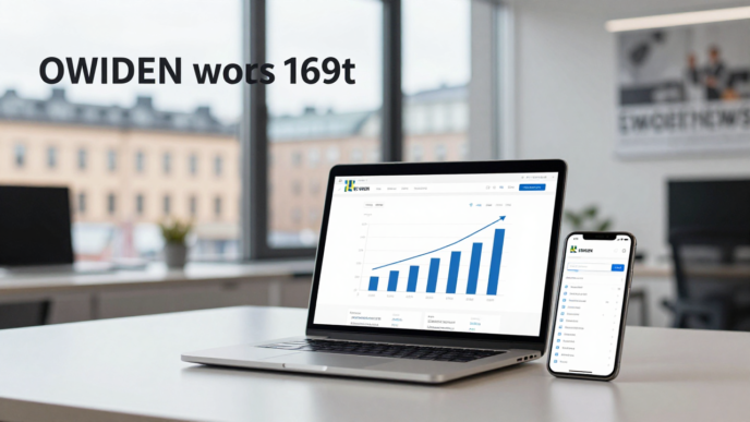 Laptop and smartphone showing a financial savings dashboard in a Stockholm office.