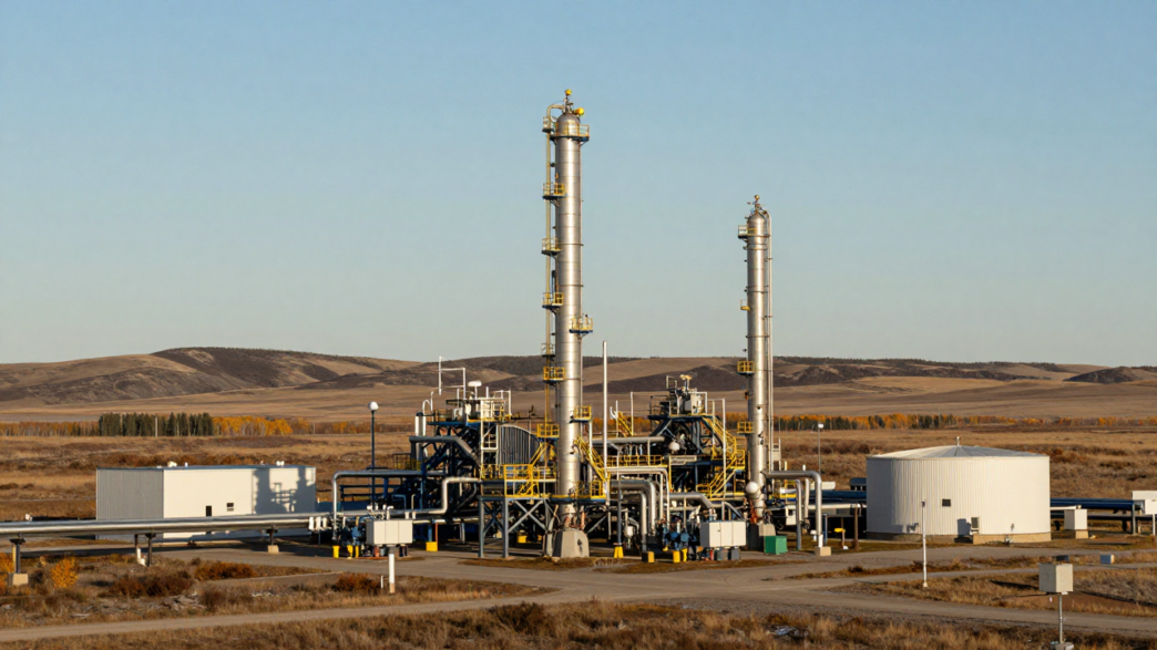 Natural gas processing equipment and pipelines at an Alberta energy facility.