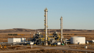 Natural gas processing equipment and pipelines at an Alberta energy facility.