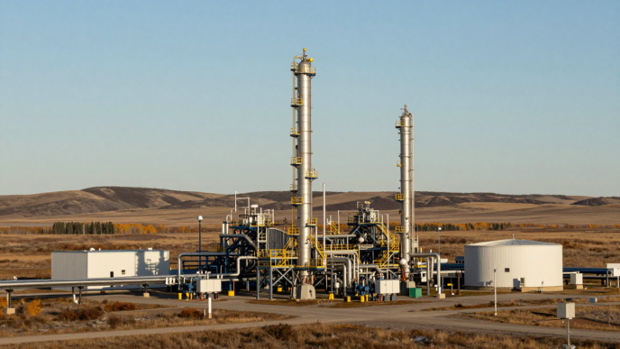 Natural gas processing equipment and pipelines at an Alberta energy facility.