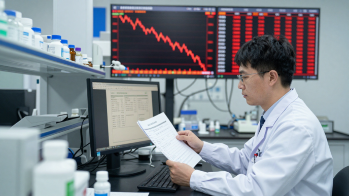 Scientist reviewing clinical trial data beside a falling stock chart in a pharmaceutical laboratory.