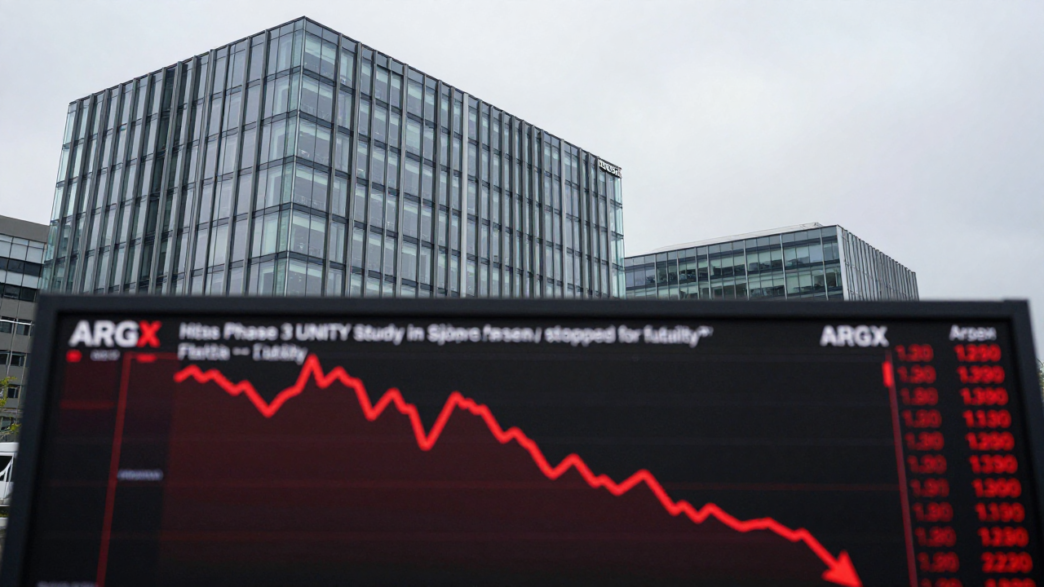 Biotechnology research laboratory beside a market display showing argenx shares falling.