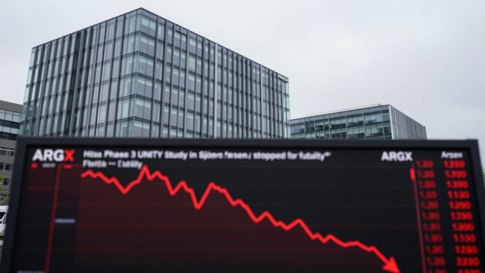Biotechnology research laboratory beside a market display showing argenx shares falling.