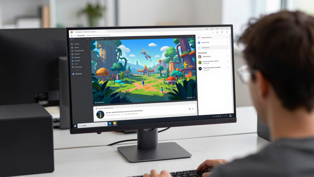 A game developer views a 3D game creation interface on a monitor.