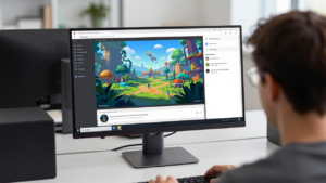 A game developer views a 3D game creation interface on a monitor.