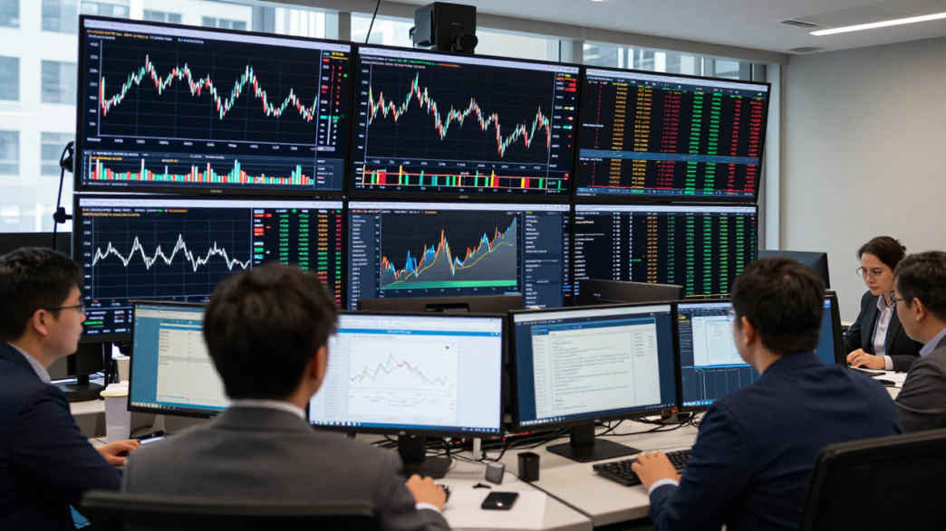 Traders monitor U.S. Treasury and market risk screens at a financial trading desk.