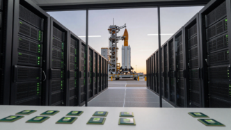 GPU server racks inside a data center with a SpaceX rocket visible on a launchpad in the distance.