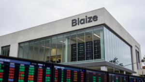 Blaize headquarters in San Jose with server equipment visible through the lobby glass