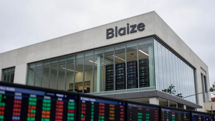 Blaize headquarters in San Jose with server equipment visible through the lobby glass