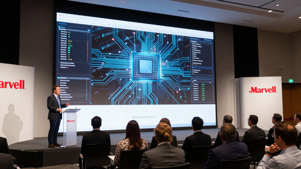 An executive presents semiconductor and data-center technology to investors at a corporate event.