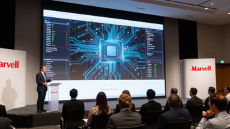 An executive presents semiconductor and data-center technology to investors at a corporate event.