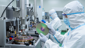 Technician handling a silicon carbide wafer inside a semiconductor fabrication facility.