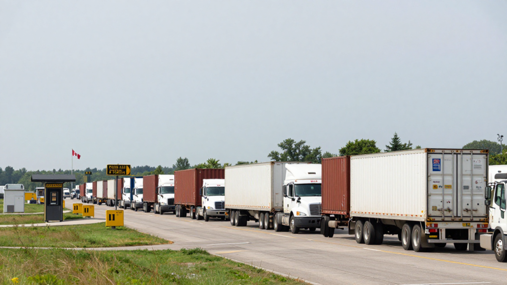Freight trucks and shipping containers queue at a Canada–U.S. border crossing.