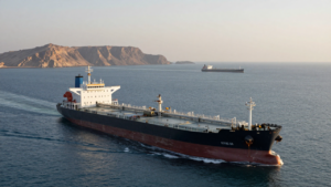 Crude oil tanker sailing through the Strait of Hormuz