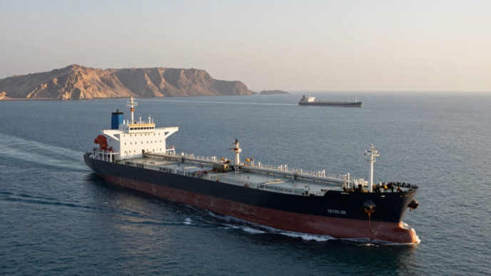 Crude oil tanker sailing through the Strait of Hormuz