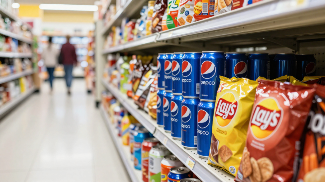 PepsiCo beverages and snack products displayed on a supermarket shelf.