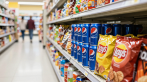 PepsiCo beverages and snack products displayed on a supermarket shelf.