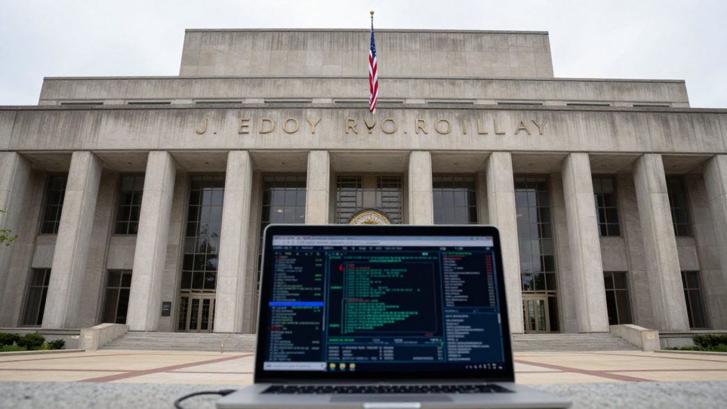 The FBI headquarters building in Washington, D.C., beside a laptop displaying abstract cybersecurity graphics.