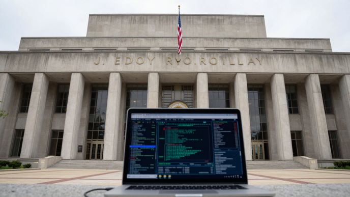 The FBI headquarters building in Washington, D.C., beside a laptop displaying abstract cybersecurity graphics.
