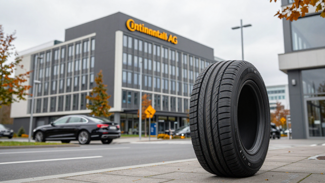 Continental headquarters in Hanover with a tire in the foreground.