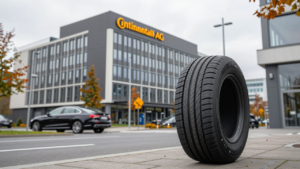 Continental headquarters in Hanover with a tire in the foreground.