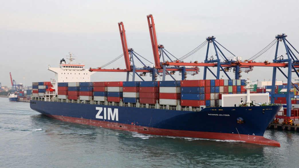 ZIM container ship passing harbor cranes and stacked containers.