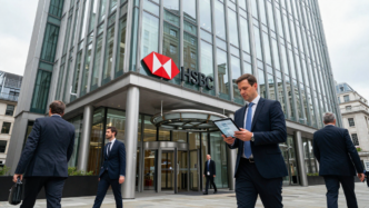 HSBC office in London with wealth-management professionals outside.