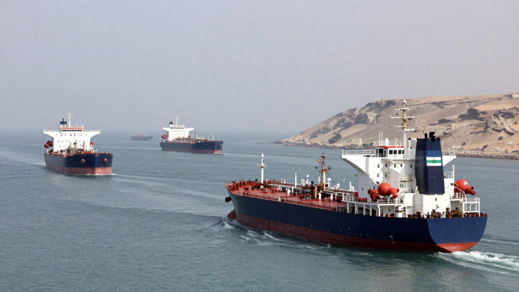Oil tankers navigating the Strait of Hormuz near Bandar Abbas, Iran.
