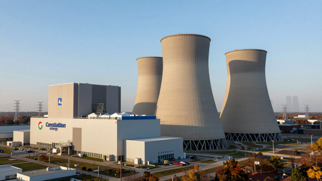 Nuclear power station and transmission lines representing Constellation’s agreement with Google