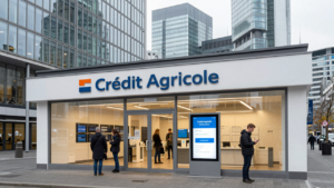 Modern Frankfurt financial district with customers using digital banking services.