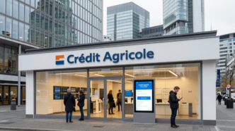 Modern Frankfurt financial district with customers using digital banking services.