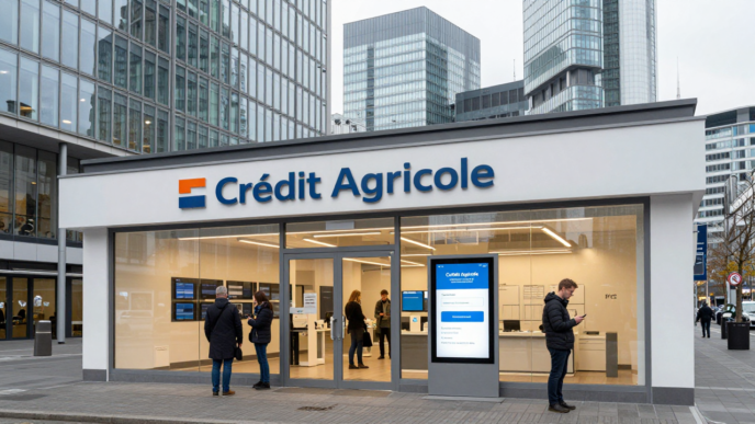 Modern Frankfurt financial district with customers using digital banking services.
