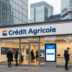 Modern Frankfurt financial district with customers using digital banking services.