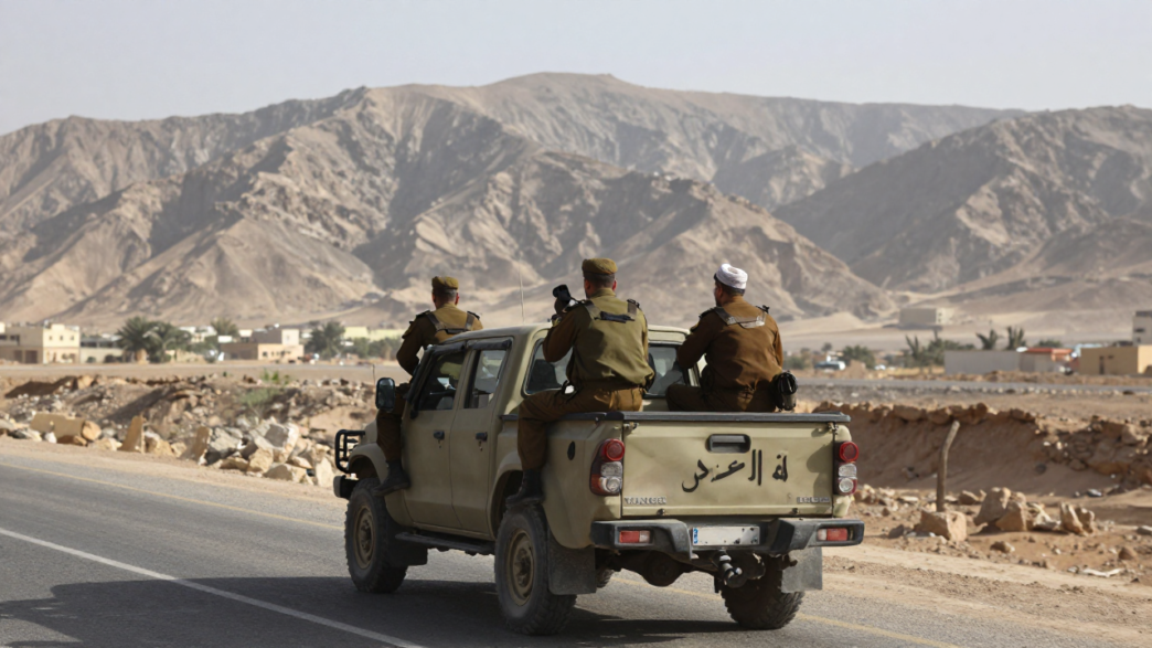 Yemeni government-aligned soldiers riding in a pickup near the Taiz frontline.