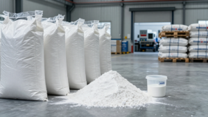 White titanium dioxide pigment samples and industrial sacks in a chemicals warehouse.