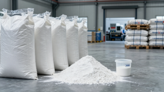 White titanium dioxide pigment samples and industrial sacks in a chemicals warehouse.