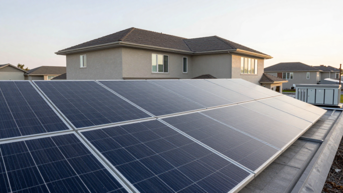 Rooftop solar panels beside a suburban home with a battery storage unit.