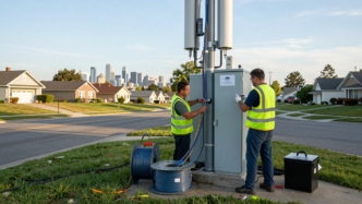 Technicians install fiber-optic network equipment along a suburban street.