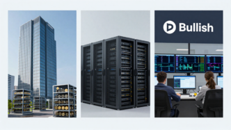 Bitcoin mining equipment, data-center infrastructure and a digital-asset trading floor representing three crypto-related stocks.