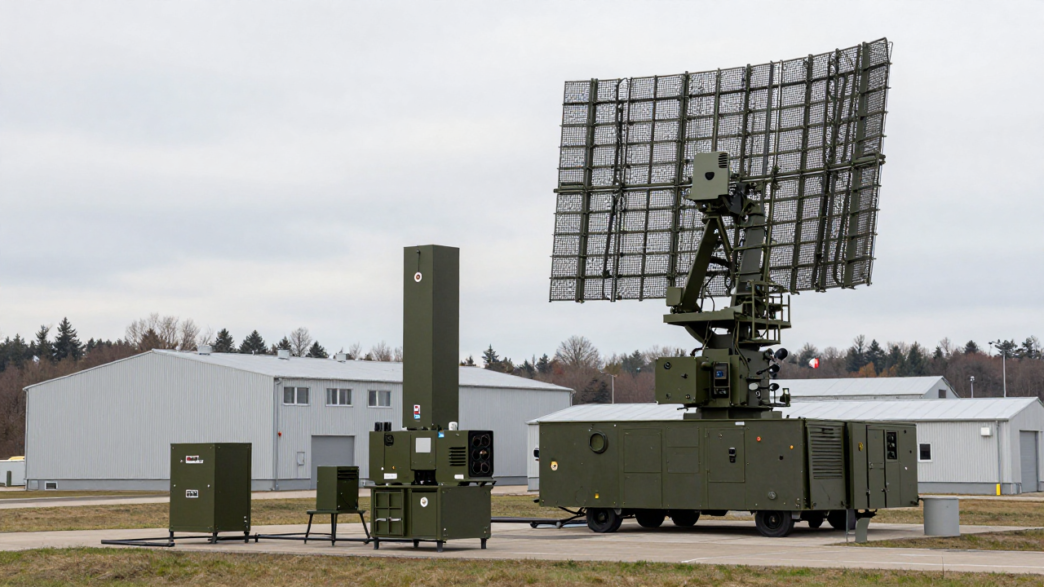 Modern radar and sensor equipment at a German defence electronics facility.