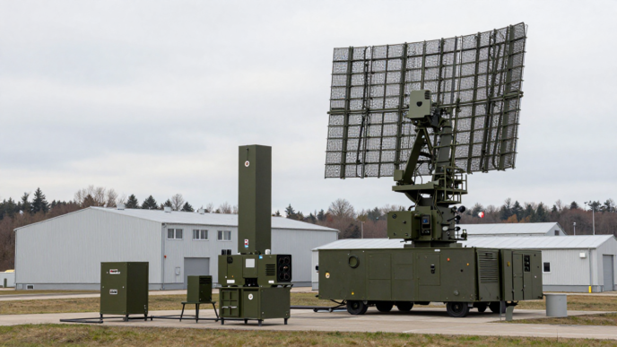 Modern radar and sensor equipment at a German defence electronics facility.