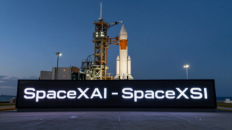 SpaceX rocket at dusk beside a display showing the proposed SpaceXSI name.
