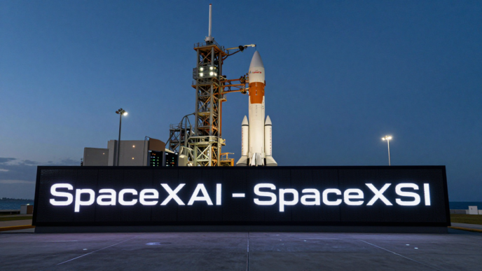 SpaceX rocket at dusk beside a display showing the proposed SpaceXSI name.