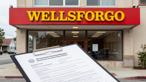 Wells Fargo branch with homes in the background, illustrating the reported HUD inquiry into homeownership programs.