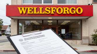 Wells Fargo branch with homes in the background, illustrating the reported HUD inquiry into homeownership programs.
