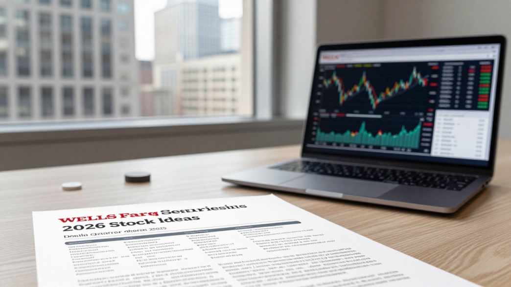 Financial research report and stock charts on an analyst’s desk overlooking a city business district.