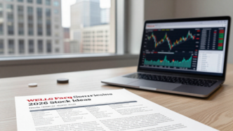 Financial research report and stock charts on an analyst’s desk overlooking a city business district.